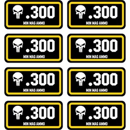Linni's Vinyl Banners .300 Min Mag Ammo Can Stickers | Punisher | 8-Pack Ammo Can Decals Bullet Sticker 3 x 1 | 100% PVC - Waterproof, Non-Fade, UV Resistant