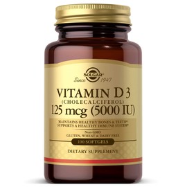SOLGAR Solgar Vitamin D3 (Cholecalciferol) 125 MCG (5000 IU), 100 Softgels - Helps Maintain Healthy Bones & Teeth - Immune System Support - Non GMO, Gluten-Free, Dairy Free - 100 Servings