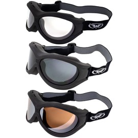 Global Vision Big Ben Anti Fog Motorcycle Safety Goggles Fitover Padded Black Frame w/Clear Smoke & Driving Mirror Lenses