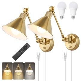 TRLIFE Dimmable Wall Sconce with Remote Control, Brushed Brass Plug in Wall Sconces Adjustable Color Temperature 2700K-6000K, Swing Arm Wall Lights with Plug in Cord, UL Listed(2 Pack, 2 Bulbs)