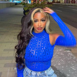 GDWIGS Skunk Strip Wigs For Black Women Long Black Wig Natural Looking Lace Front Wig Pre Plucked Glueless Blonde Wig Side Part Wig 22Inches