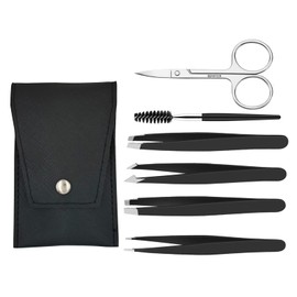 ChAusa 6 Piece Eyebrow Tweezers Set, Stainless Steel Precision Tweezers Set, Eyebrow Plucking Tweezers Set, with Leather Case, for Plucking Ingrown Hair and Eyelash Extension (Black)