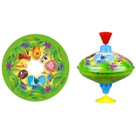 Lena 52263 Humming Spinning Top Jungle Animals Diameter 16 cm, Metal Swing Spinner Made of Sheet Metal, Classic Pump Spinning Top with Animal Motif, Spinning Top with Stand, Toy Spinner for Children