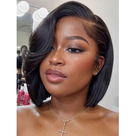 UNICE 12 inch Short Layered Bob Drawstring Wig Human Hair with Side Swept Bangs Bye Bye Knots 7x5 Lace closure Glueless Wigs Human Hair Pre Plucked Pre Cut Read to Wear