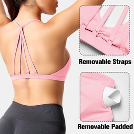 YEOREO Workout Sports Bras for Women Padded Strappy Open Back Gym Bra Light Impact Criss Cross Yoga Crop Top, Baby Pink, Medium