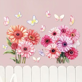 Colorful Spring Flowers Butterflies Wall Stickers Removable Floral Wall Decals Peel and Stick Wildflower Boho Backdrop Wall Art Decor for Living Room Kitchen Bedroom (D)