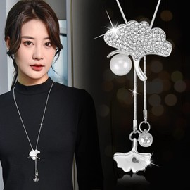 Chargances Peal and Ginkgo Leaf Pendant Long Necklace for Women Crystal Sweater Chain Statement Necklace Choker Adjustable Elegant Jewelry Rhinestone Accessories Dressy Collocation Winter Evening Party Wedding (Silver)