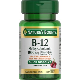 Nestle Health Science Nature's Bounty Vitamin B12 1000mcg Quick Dissolve Cherry Tablets, Energy, 60 Ct