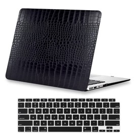 KEROM Compatible with MacBook Air 13 inch Case 2021 2020 2019 2018 Release M1 A2337 A2179 A1932 with Touch ID, Black Crocodile Leather Hard Shell Logo Cutout Case & Keyboard Cover