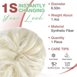 Felendy Messy Bun Hair Piece Wavy Curly Scrunchies Fluffy Donut Thick Updo Elegant Chignon Hairpieces for Women Girls, Platinum Blonde 1.4oz