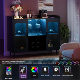 Hyomdeck Liquor Cabinet Bar with Power Outlet and LED Light, Wine Bar Cabinet with Wine and Glasses Rack, Home Coffee Bar Cabinet, Buffet Sideboard with Storage Shelf for Kitchen, Dining Room, Black