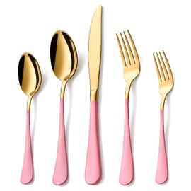 Lekoton 20 Piece Gold and Pink 18/0 Flatware Utensil Set for 4, Include Dinner Knife,Dinner Forks,Dinner Spoons,Salad Forks,Teaspoons,Silverware Set for 4, Dishwasher Safe