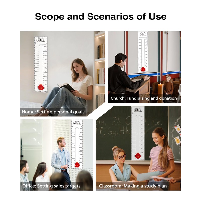 Fundraising Thermometer Chart Goal Tracker, 48"x12" Dry Erase Goal Setting