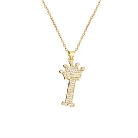 cmoonry A-Z Crown Initial Necklace for Men Women 14K Gold Plated Iced Out Monogram Pendant with 18" Chain+2"(Extended) DIY Name Jewelry (Initial I)