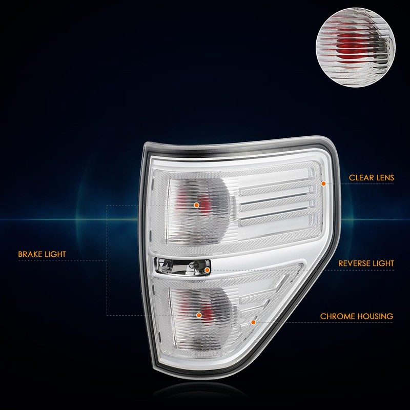 [Pair] Chrome Housing Clear Lens Tail Light Assembly Compatible with