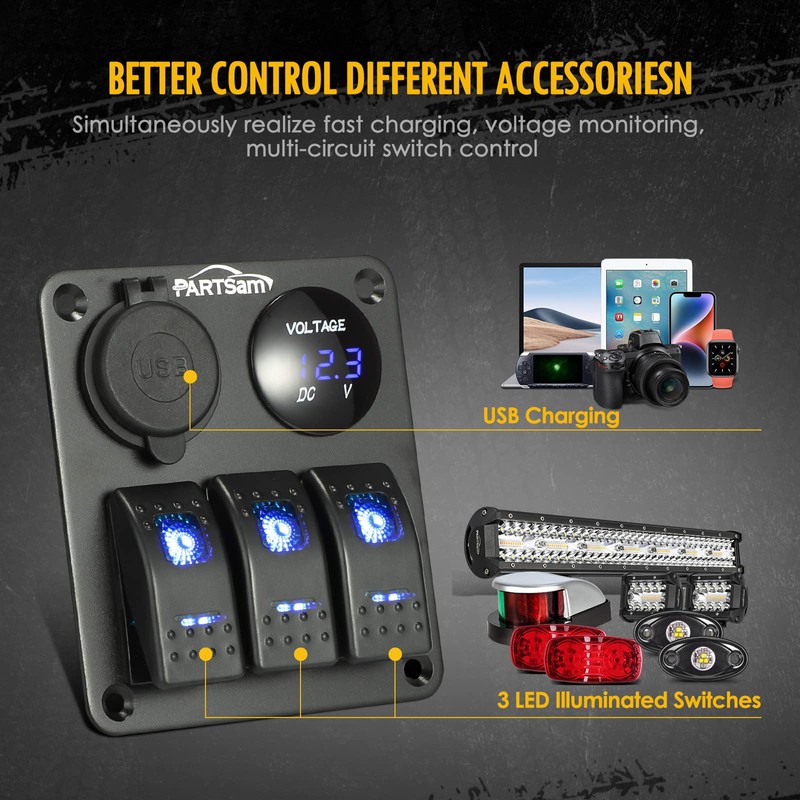 Partsam Panel de interruptor basculante de 3 bandas de 12