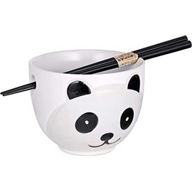 Happy Sales HSRB-PDADWHT, Ramen Udon Noodle Soup Cereal Bowl With Chopsticks, White Panda Design