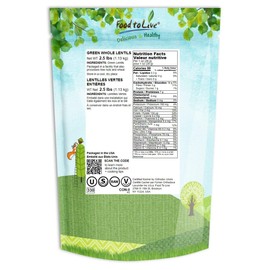 Whole Green Lentils, 2.5 Pounds – Dried Raw Lentils, Sproutable, Kosher, Vegan, Bulk. Rich in Dietary Fiber, and Protein. No Soaking Required. Great for Soups, Veggie Burgers, Stews