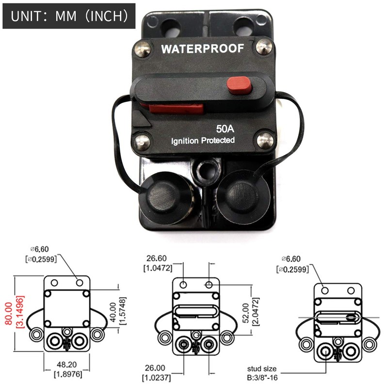 ZOOKOTO 12-48V DC 50A Surface Mount Circuit Breaker with Manual