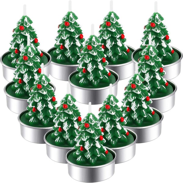 12 Pieces Christmas Tree Tealight Candles Handmade Delicate Tree Candles for Christmas Home Decoration Gifts (Green, White)