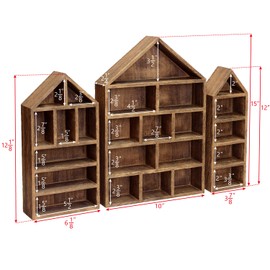 Ikee Design House-Shaped Wooden Shadow Cubby Box Display Shelf Organizer Storage Shadow Box for Mini Figures, Set of 3, Brown Color, 10 W x 2 1/4 D x 15 H in