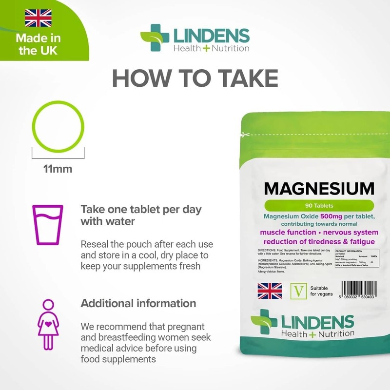 Lindens 500mg Magnesium Tablets | 90s 1-a-Day | UK Made