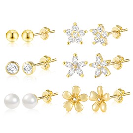 Juego de aretes para múltiples piercings chapados en oro de 14 quilates, hipoalergénicos de plata de ley 925 (6 pares)