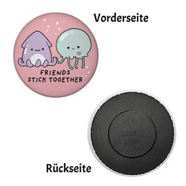 Jelly & Friends Jellyfish and Squid Magnet Round with Saying Friends Stick Together Kawaii Decorative Cute Friendship Magnets for BFF and Best Friends
