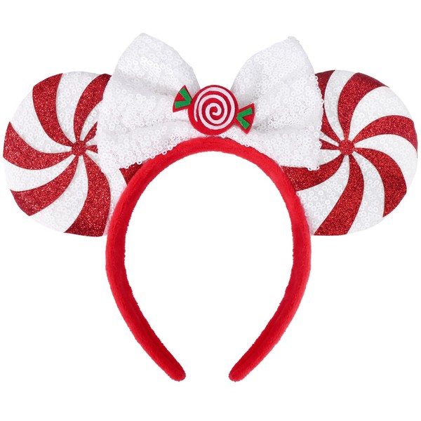 ETLUK Christmas Mouse Ears Headband, Christmas Ears for Women Adult Kids, Glitter Park Ears Christmas Headband for Christmas Party Gathering Cosplay Costumes Accessories (Peppermint Candy White Red)