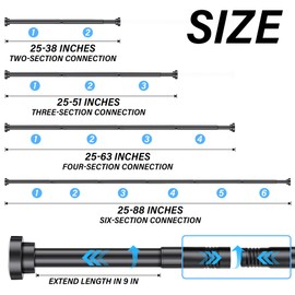 Suranew 25-88" Black Commercial Spring Tension Rod, No Drill Heavy Duty Adjustable Shower Curtain Rod for Large Bathroom/Closet