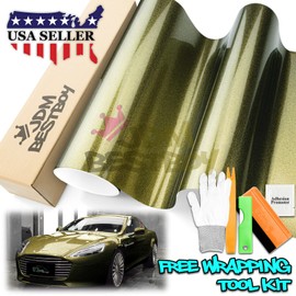 Free Tool Kit 24"x60" (2FTx5FT) Chameleon Gloss Metallic Diamond Black Gold Automotive Car Vinyl Wrap Self Adhesive Sticker Decal Film Sheet with Bubble Free Air Release Technology