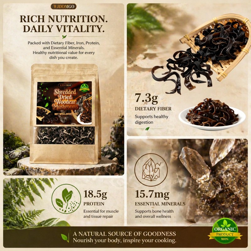 Shredded Dried Woodear Mushrooms, Natural Gluten Free Crisp Black Fungus.