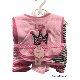 Baby Kiss 5 Pc Bib & Burp Cloth Set￼-Pink w Zebra Crown - 2 Bibs, 3 Burp Cloths