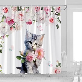 UOZXOML Cute Cat Shower Curtain Watercolor Rose Floral Butterfly Lovely Kitten Rustic Animal Vintage Wildflower Fabric Bathroom Decor Curtains with Hooks,70 x 70