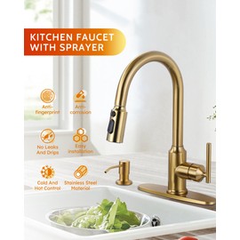 WOWOW Kitchen Faucets with Pull Down Sprayer, Gold Kitchen Faucet with Sprayer, 304 Stainless Steel High Arc Single Handle Pull Down Kitchen Faucet for Kitchen Sink Faucet with Soap Dispenser