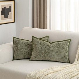 FUTEI Sage Green Chenille Throw Pillow Covers 12x20 Inch Set of 2,Soft Velvet Lumbar Pillow Cases,Home Decor for Couch Bed Living Room