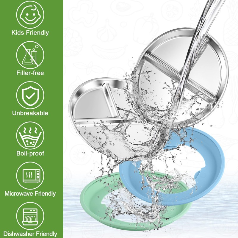 BUSOHA 3 Pack Stainless Steel Kids Plate with Suction -