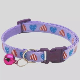 Unbranded Adjustable Patriotic Hearts Printed Pet Collar Cat Dog w/Bell Purple 1 Pc
