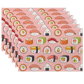 Japanese Style Cute Pink Sushi Rolls Placemats Set of 6,Waterproof Non-Slip Washable Table Mats Set for Kitchen Dining Holiday Party Wedding Decor 12x18 Inch