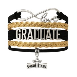 Graduation Bracelet – Black and Gold Infinity Love Bracelet with Graduate and Dragonfly Charms – Adjustable Jewelry Gift for Seniors or Class of 2025
