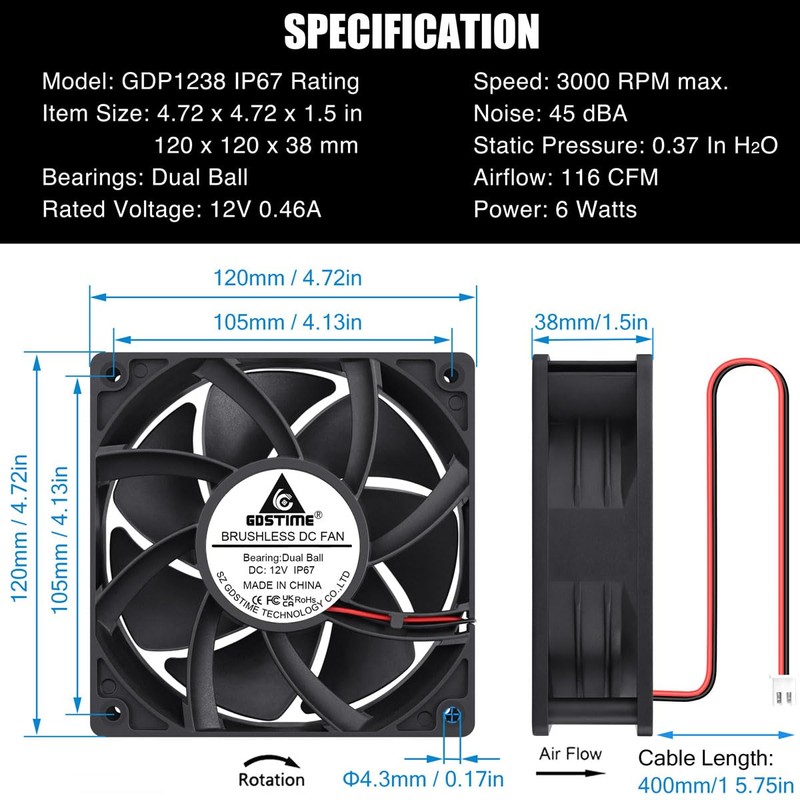GDSTIME 120mm x 38mm 12V DC Waterproof IP67 Fan High