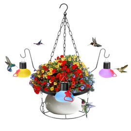 Headak Life Solar Hummingbird feeders for Outdoors with Hanging Planter(11 inch),Black Hanging Plant Holder and Glass Hummingbird Feeder 2-in-1(POTS NOT Included)