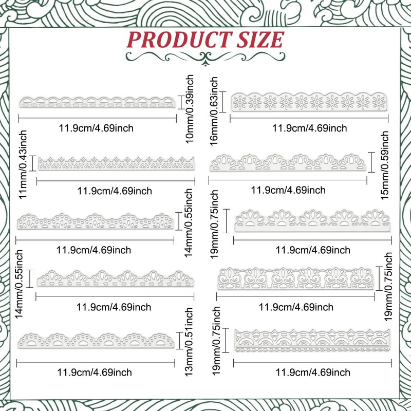 BENECREAT 10pcs Cutting Dies Lace Pattern Stainless Steel Stencil Scrapbooking