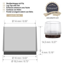 16 x chair leg caps with felt, diameter 12 mm, 14 mm, 16 mm, 18 mm, 20 mm, 22 mm or 25 mm, round, transparent, premium quality furniture gliders for steel chairs in premium quality, transparent