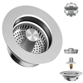 Kitchen Sink Drain Strainer and Sink Stopper(3 in 1), Upgraded Stainless Steel Drain Basket/Brass Pop-Up Bounce Core/Double Seal Sink Drain Stopper, Replacement for Standard 3-1/2 inch Drain