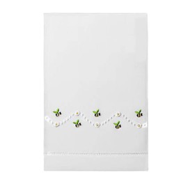 Linen Guest Bath Tea Hand Towel White with Bumble Bees Embroidery Design Pattern Hemstitch Border 14 X 22 Inch