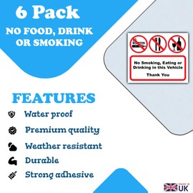6-Pack - No Smoking Eating or Drinking in Vehicle - Car Taxi Coach Bus Sticker Notice - 110mm x 90mm