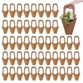 Merkaunis 50 Pcs Flower Bouquet Bags with Handle, Kraft Paper Flowers Gift Bags, Paper Brown Creative Cone Flower Sleeves, Hanging Kraft Paper Bouquet for Flower Arrangement and Home Decoration