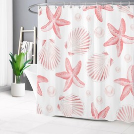 HVEST Pink Starfish Shower Curtain Light Pink Seashell with Starfish Theme Shower Curtain with Hooks Nautical Coastal Bath Curtain Polyester Fabric Decor Accessories, 72Lx72W Inches