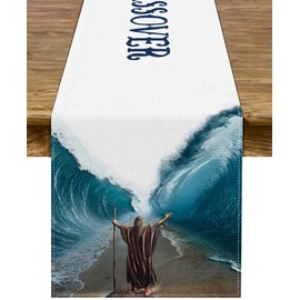 Sunwer Happy Passover Table Runner Moses Divided Parting The Red Sea Jewish Pesach Festival Party Decoration Home Kitchen Dining Room Decor (13" x 90")